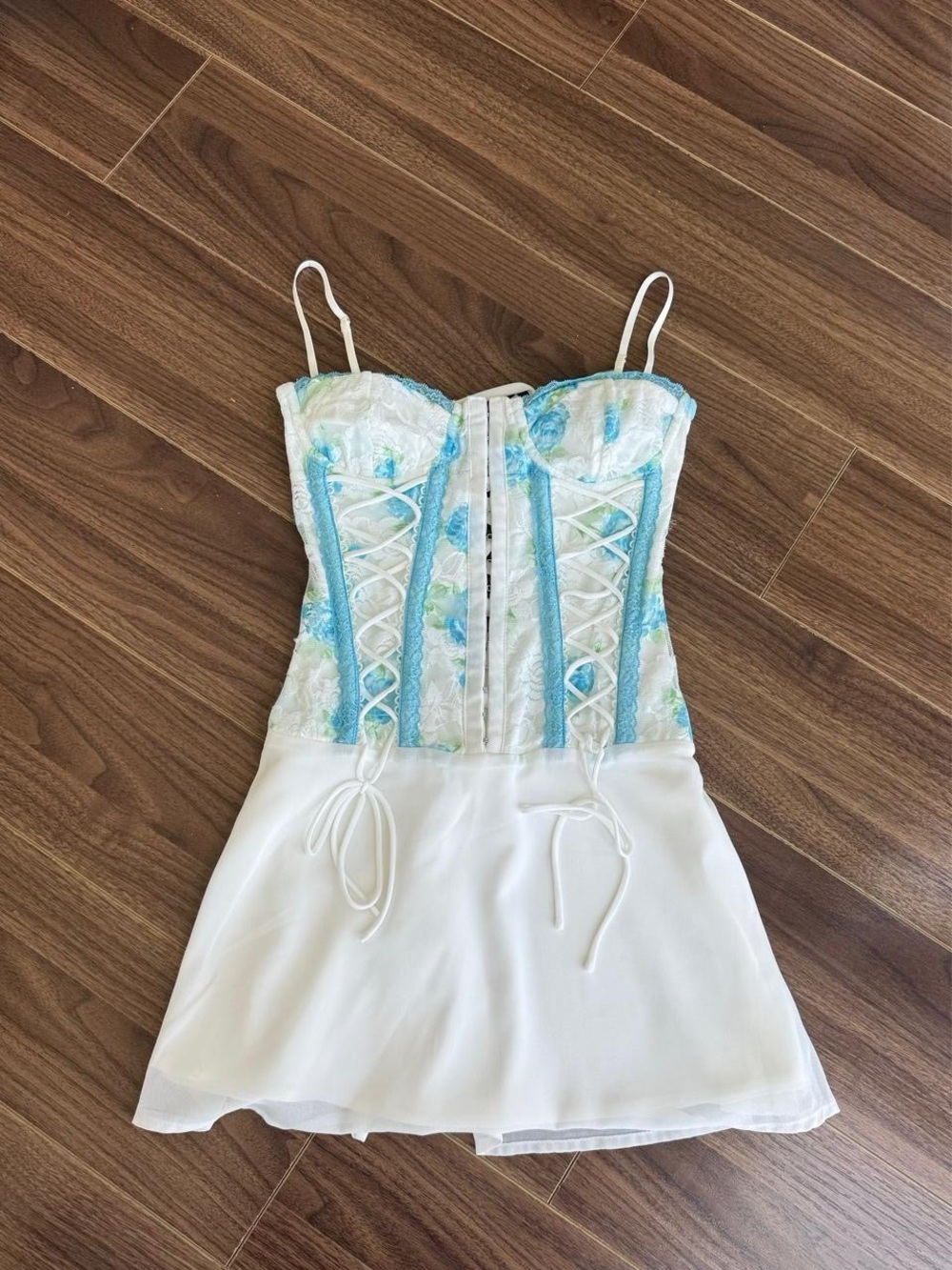 White & Aqua Lace-Up Mini Dress - Picture 2 of 9